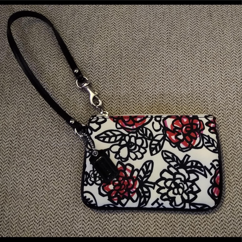 NWT authentic Coach wristlet black, white and pink with flowers